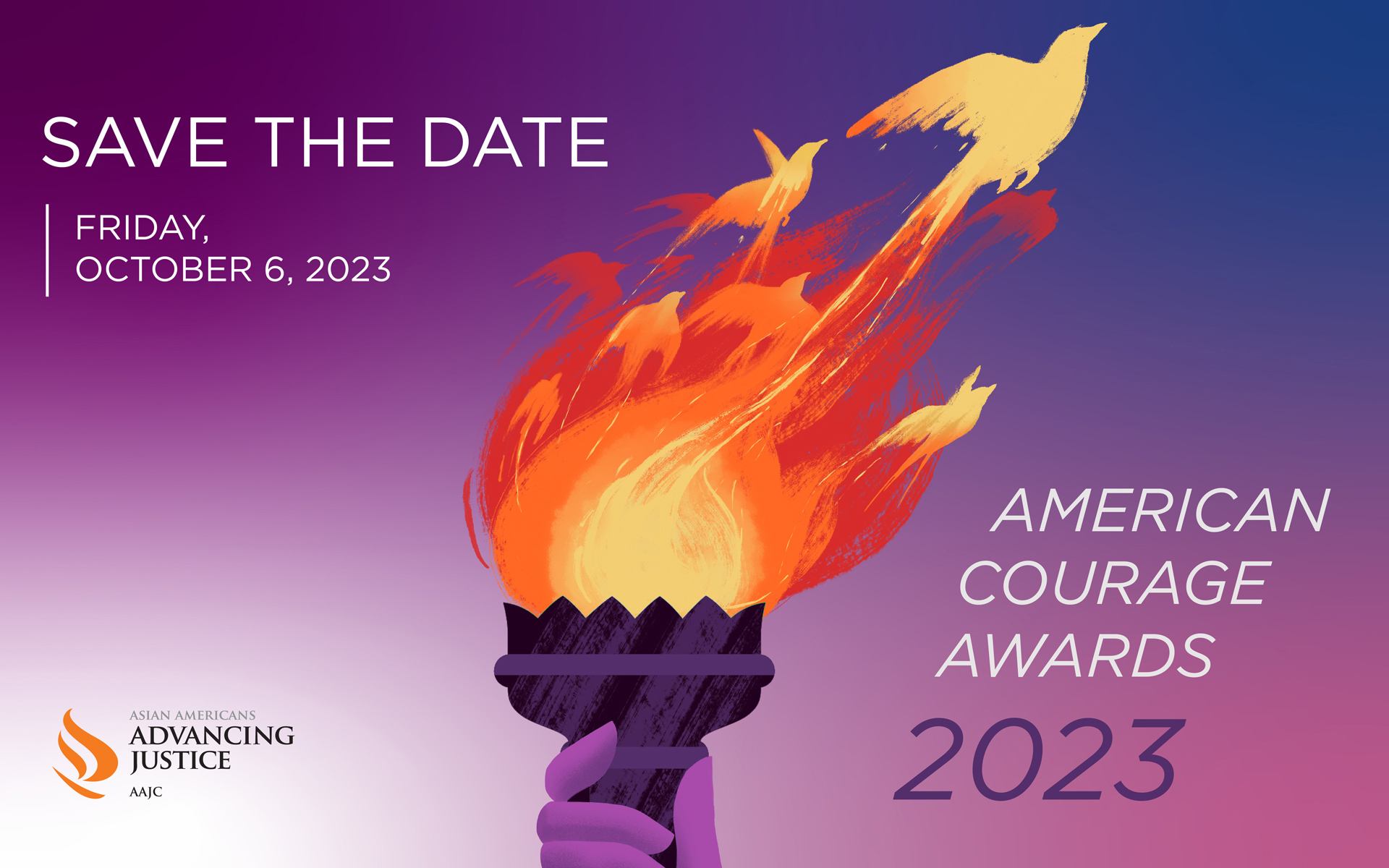 Purple Save the Date Graphic with a hand holding a torch, the text reads Save the Date October 6, 2023